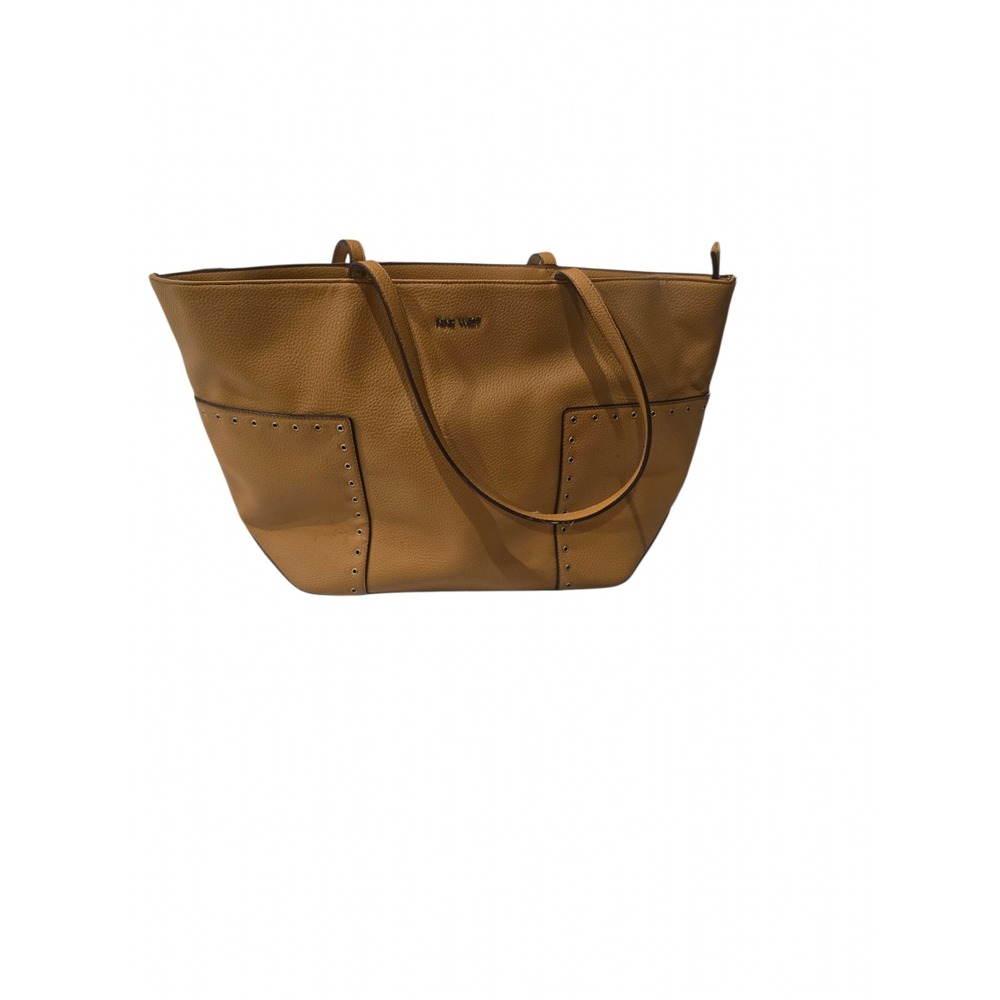 Nine West Mustard Tan Pebbled Faux Leather Studded Tote Bag Shoulder Purse